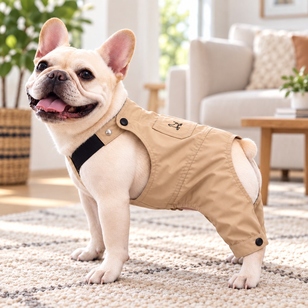 khaki French Bulldog overalls jumpsuit