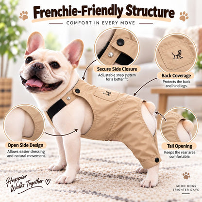 Frenchie friendly open side dog overalls structure
