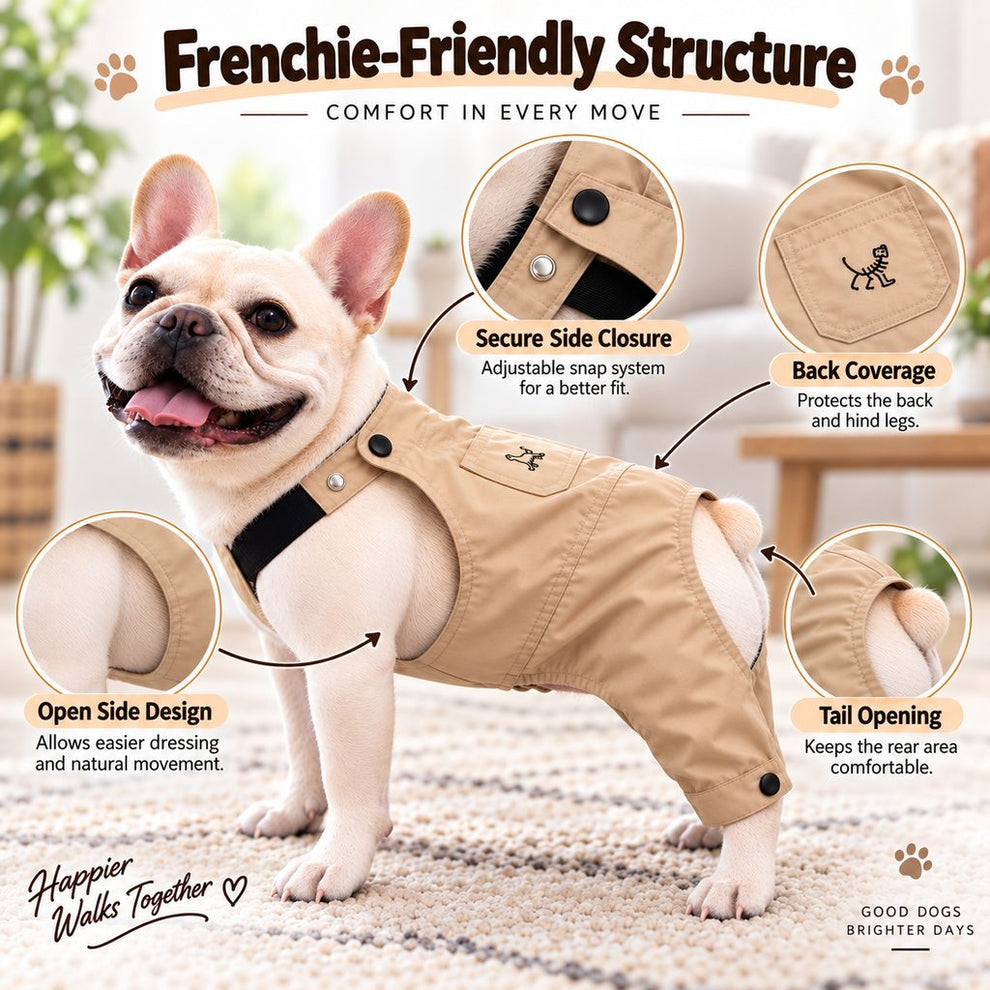 Frenchie friendly open side dog overalls structure