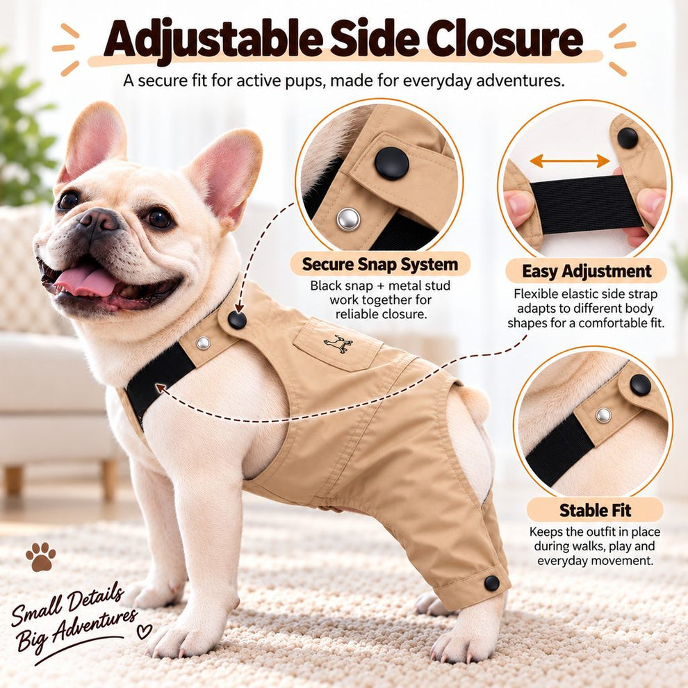 adjustable side closure on French Bulldog overalls