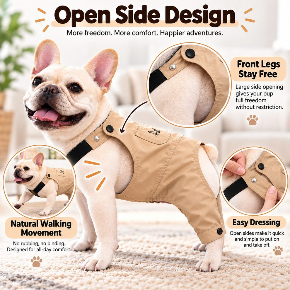 open side dog jumpsuit for natural walking movement