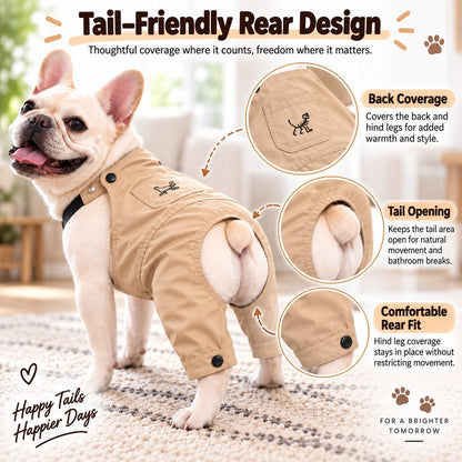 tail friendly rear design on French Bulldog overalls