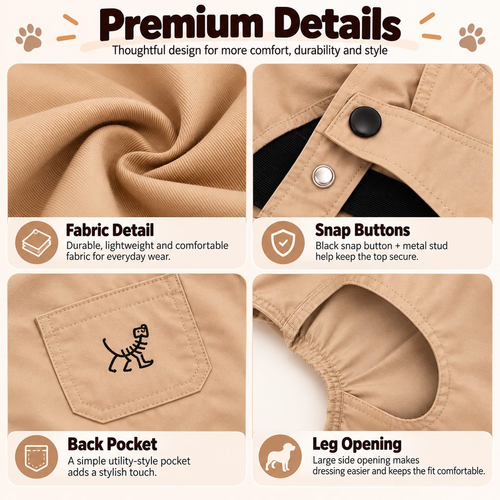 French Bulldog overalls fabric snap button pocket and leg details