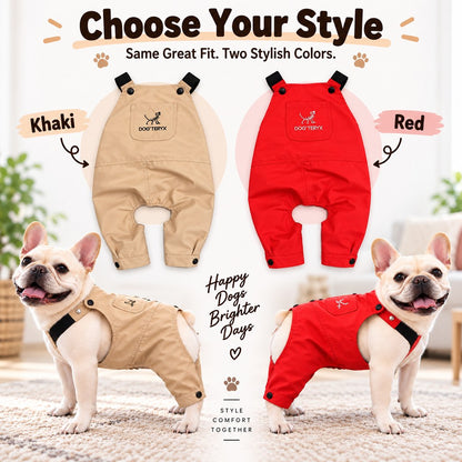 khaki and red French Bulldog overalls color options