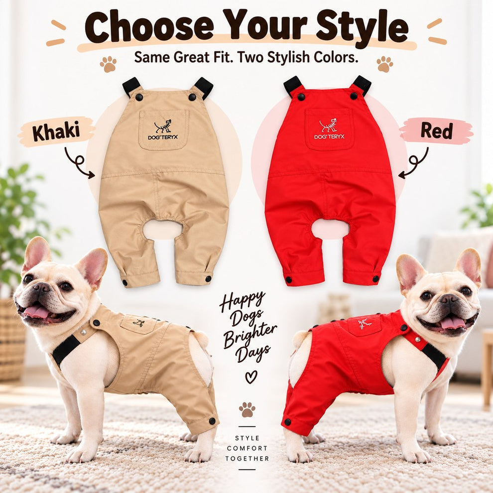 khaki and red French Bulldog overalls color options