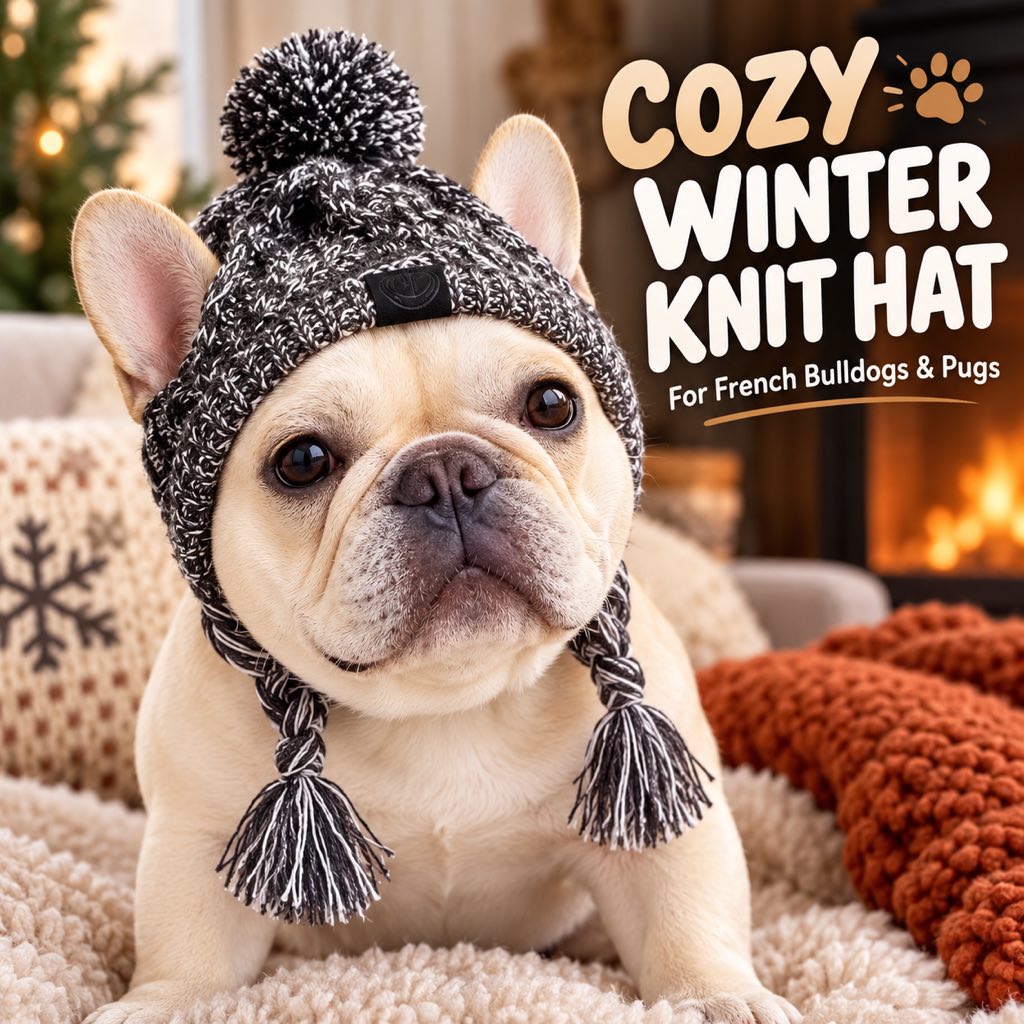 French Bulldog wearing a knitted pom-pom winter hat