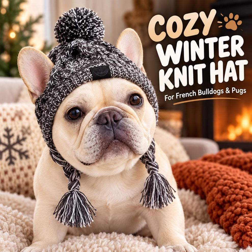French Bulldog wearing a knitted pom-pom winter hat