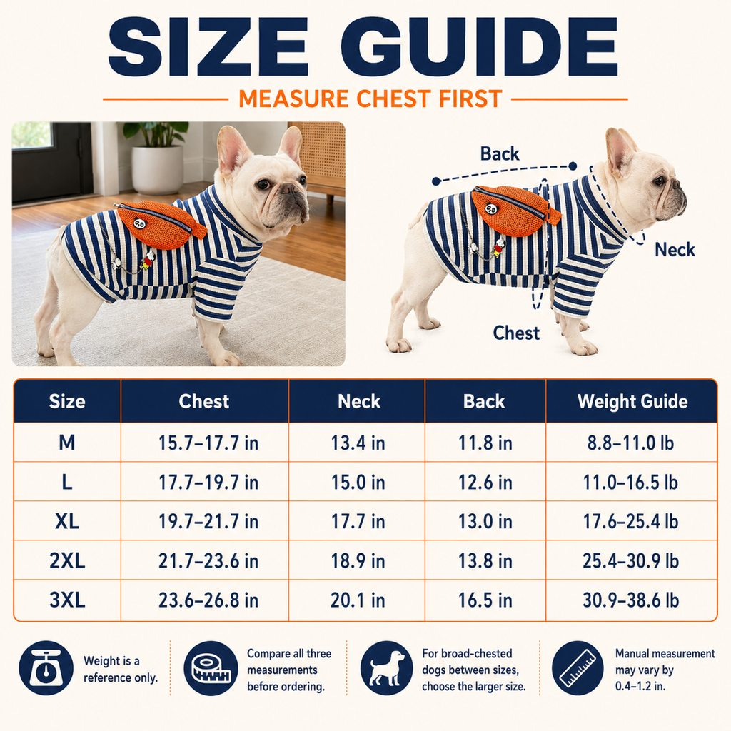 French Bulldog striped pocket pullover size guide