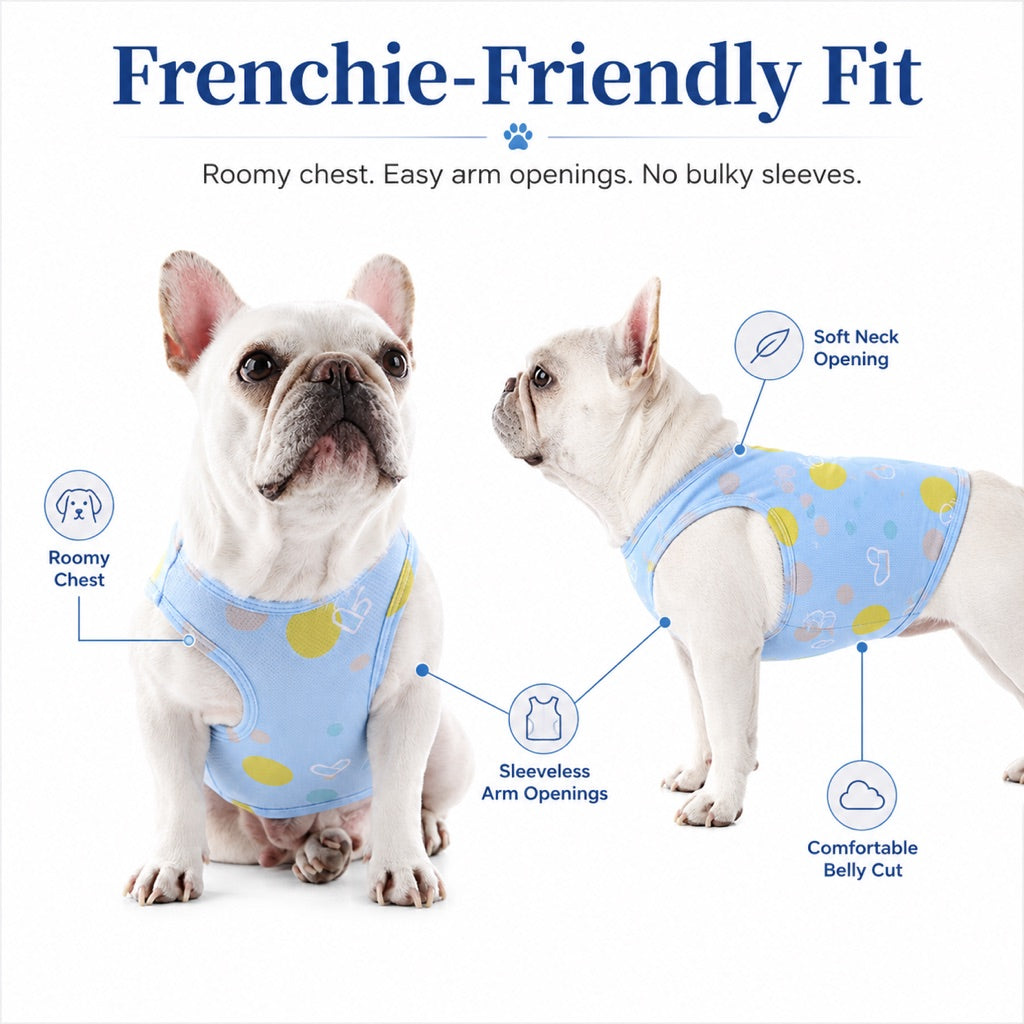 Dog cooling vest size chart for M and L French Bulldogs