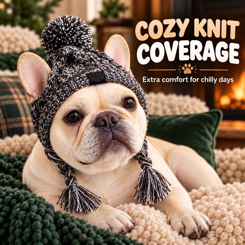 Knitted coverage on a French Bulldog winter hat