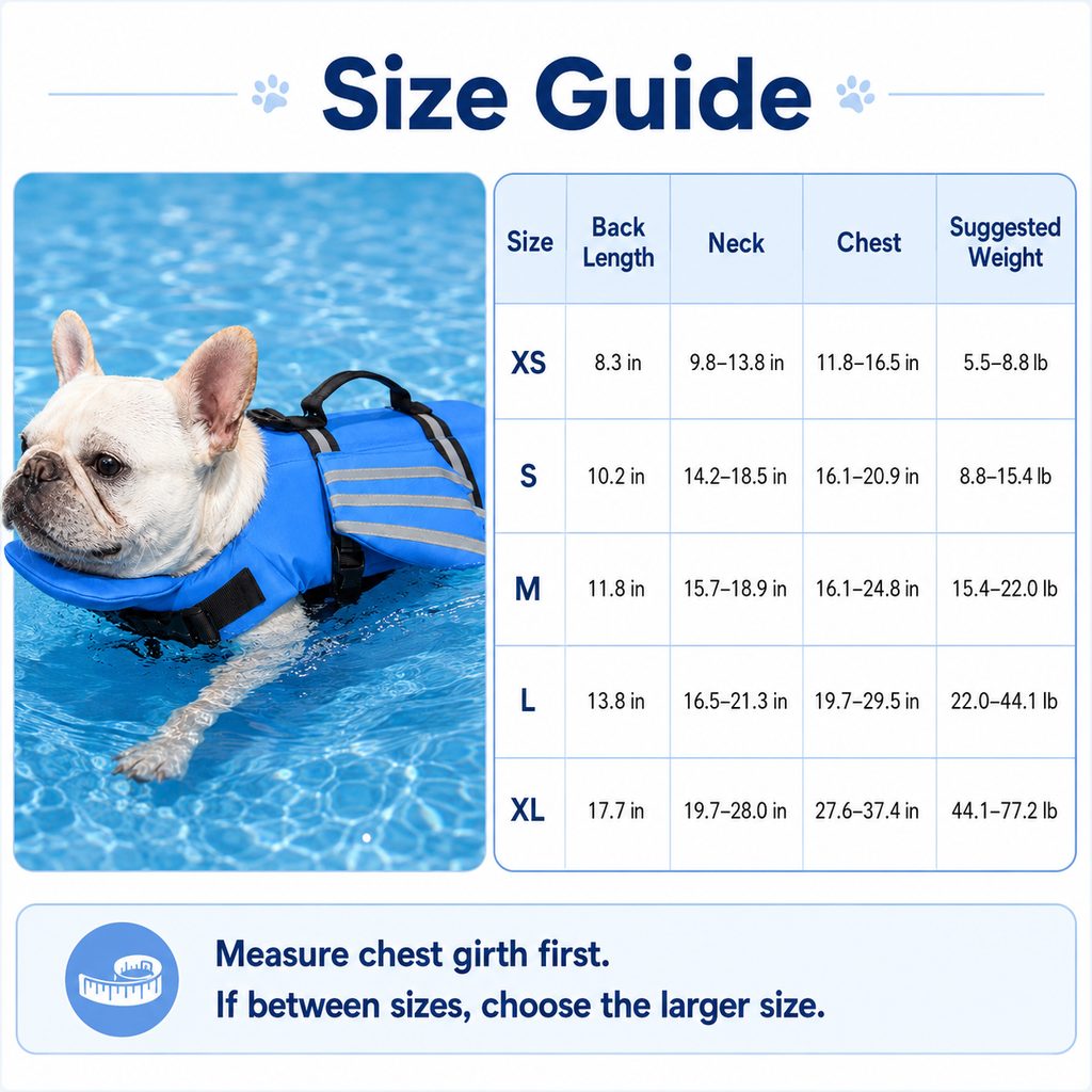Frenchie dog life jacket size guide
