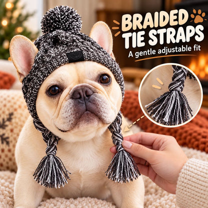 Braided tie straps on a knitted pom-pom dog hat