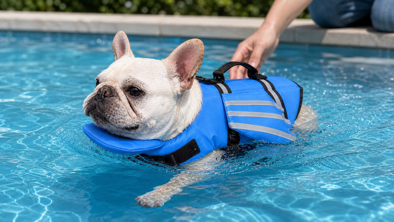 French Bulldog wearing reflective angel-wing dog life jacket near a pool