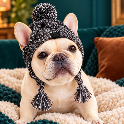 French Bulldog wearing a gray knitted pom-pom winter hat with ear openings
