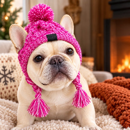 French Bulldog wearing a purple knitted pom-pom winter hat with ear openings