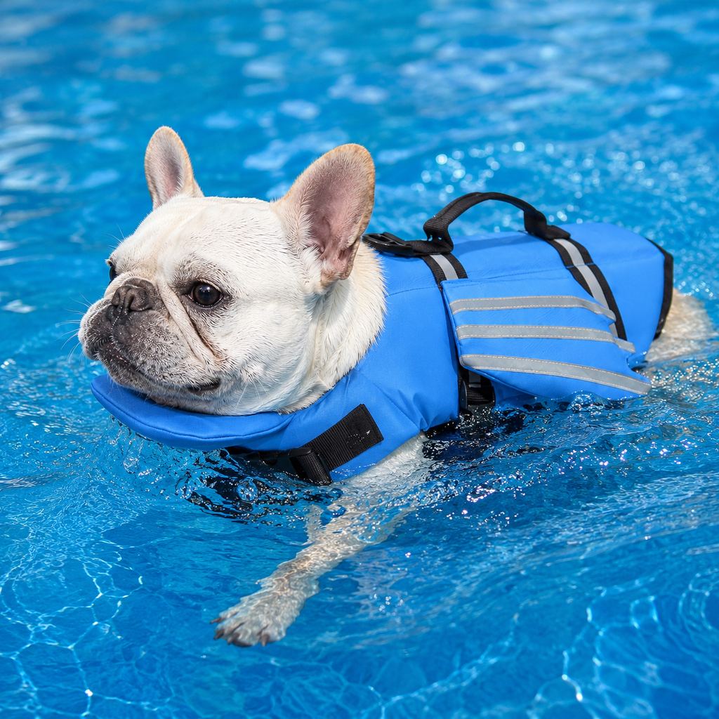 French Bulldog reflective angel-wing dog life jacket in blue