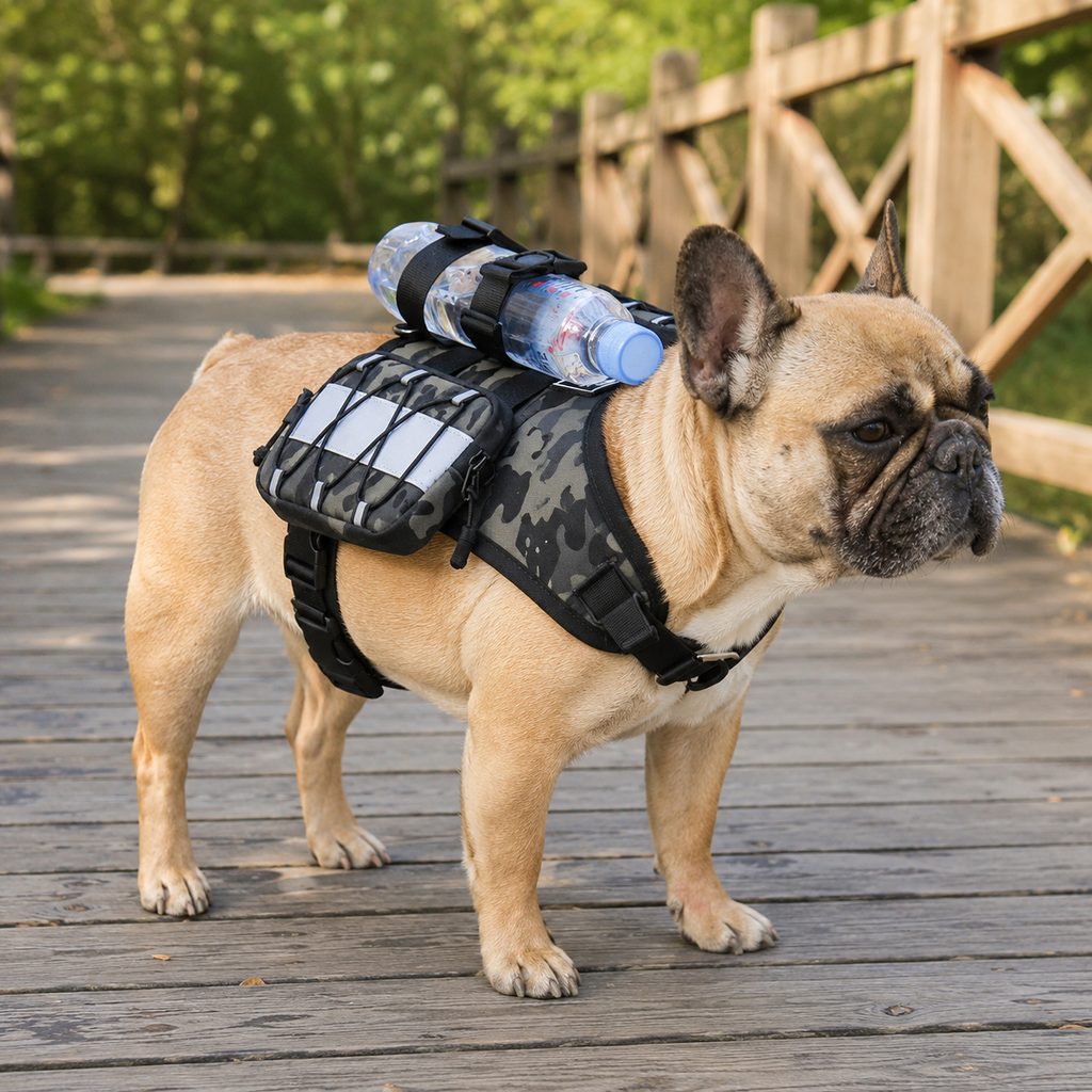 Paws in Awe Frenchie Tactical Dog Vest Backpack for Daily Walks - Reflective Small Dog Harness with Water Bottle Holder & Side Pockets image 1