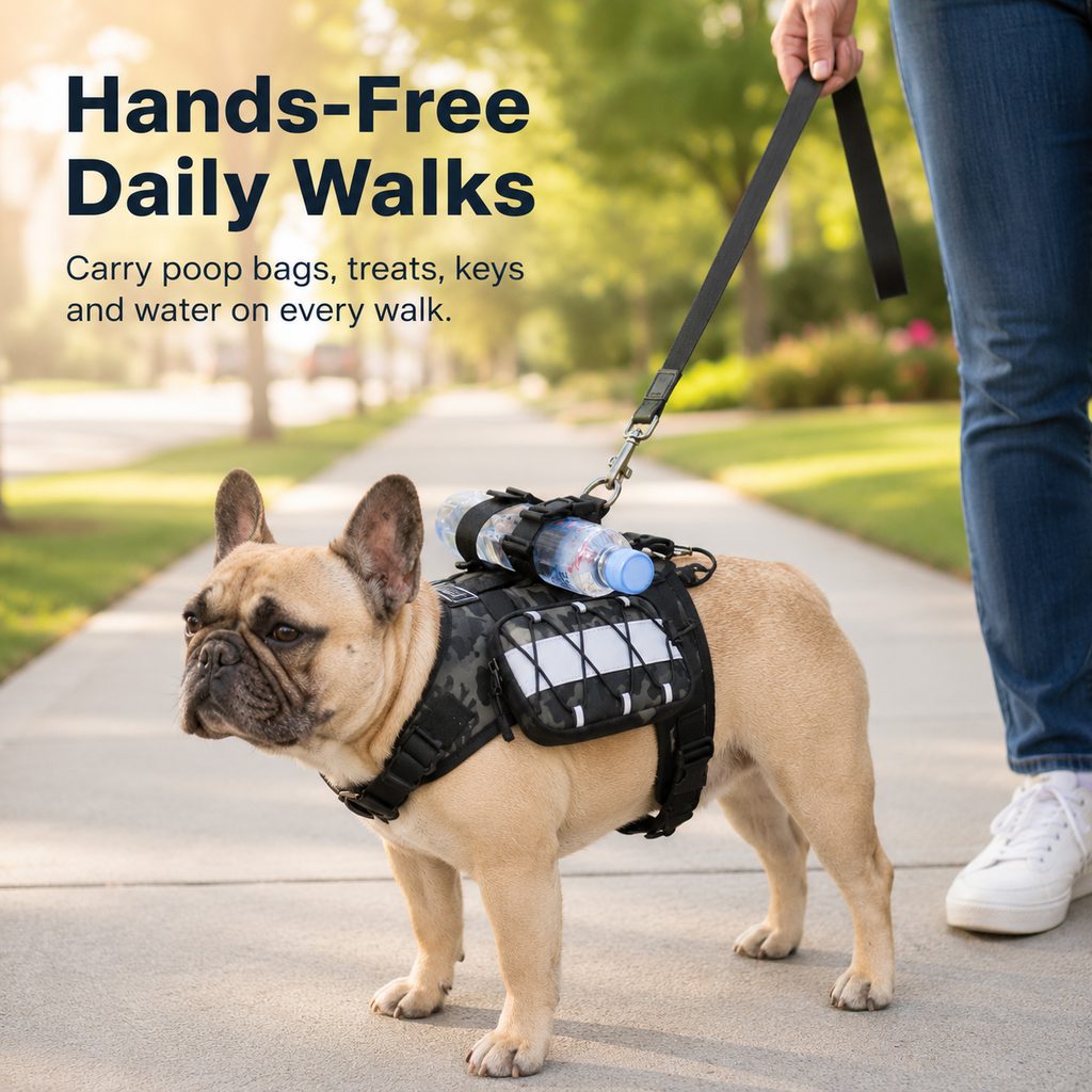 Paws in Awe Frenchie Tactical Dog Vest Backpack for Daily Walks - Reflective Small Dog Harness with Water Bottle Holder & Side Pockets image 3