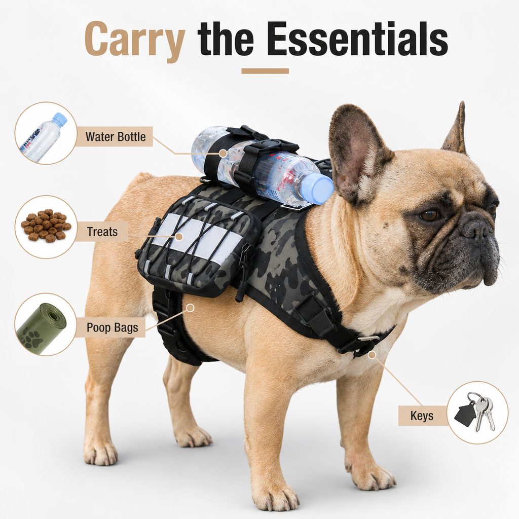 Paws in Awe Frenchie Tactical Dog Vest Backpack for Daily Walks - Reflective Small Dog Harness with Water Bottle Holder & Side Pockets image 5