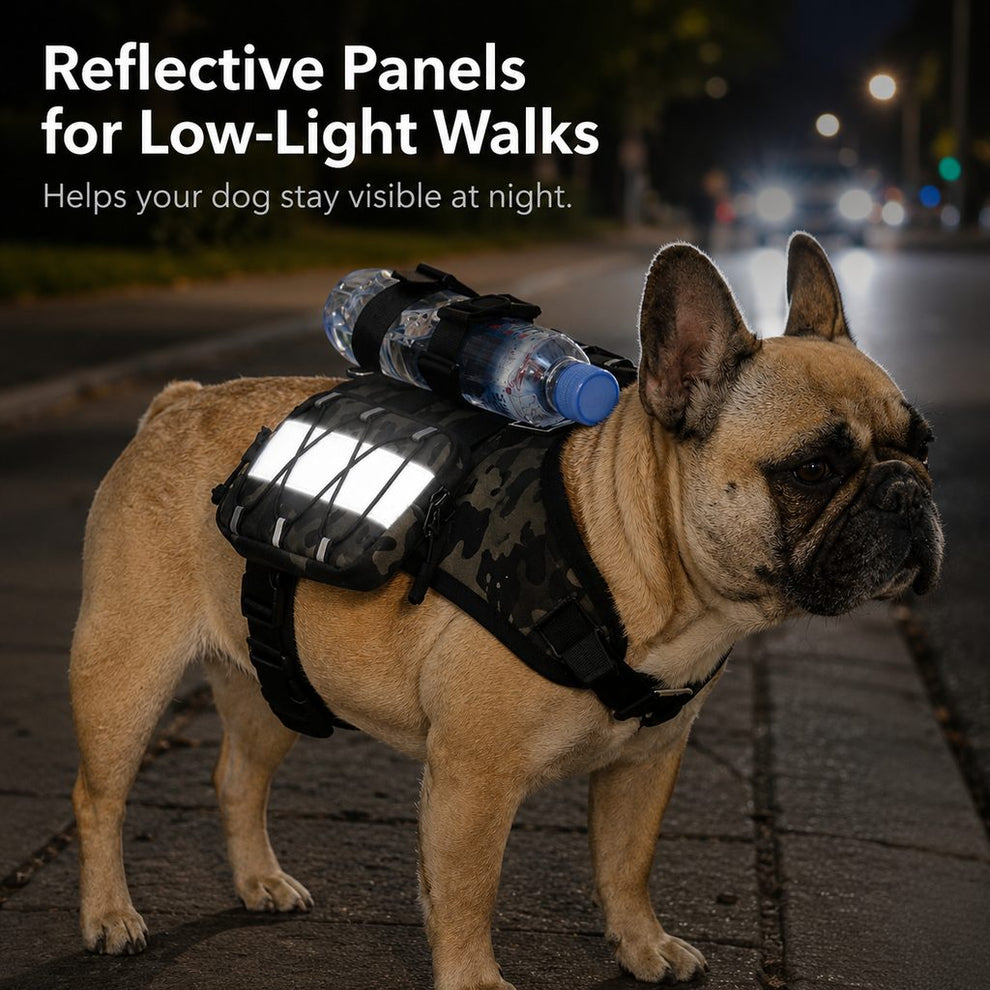 Paws in Awe Frenchie Tactical Dog Vest Backpack for Daily Walks - Reflective Small Dog Harness with Water Bottle Holder & Side Pockets image 2