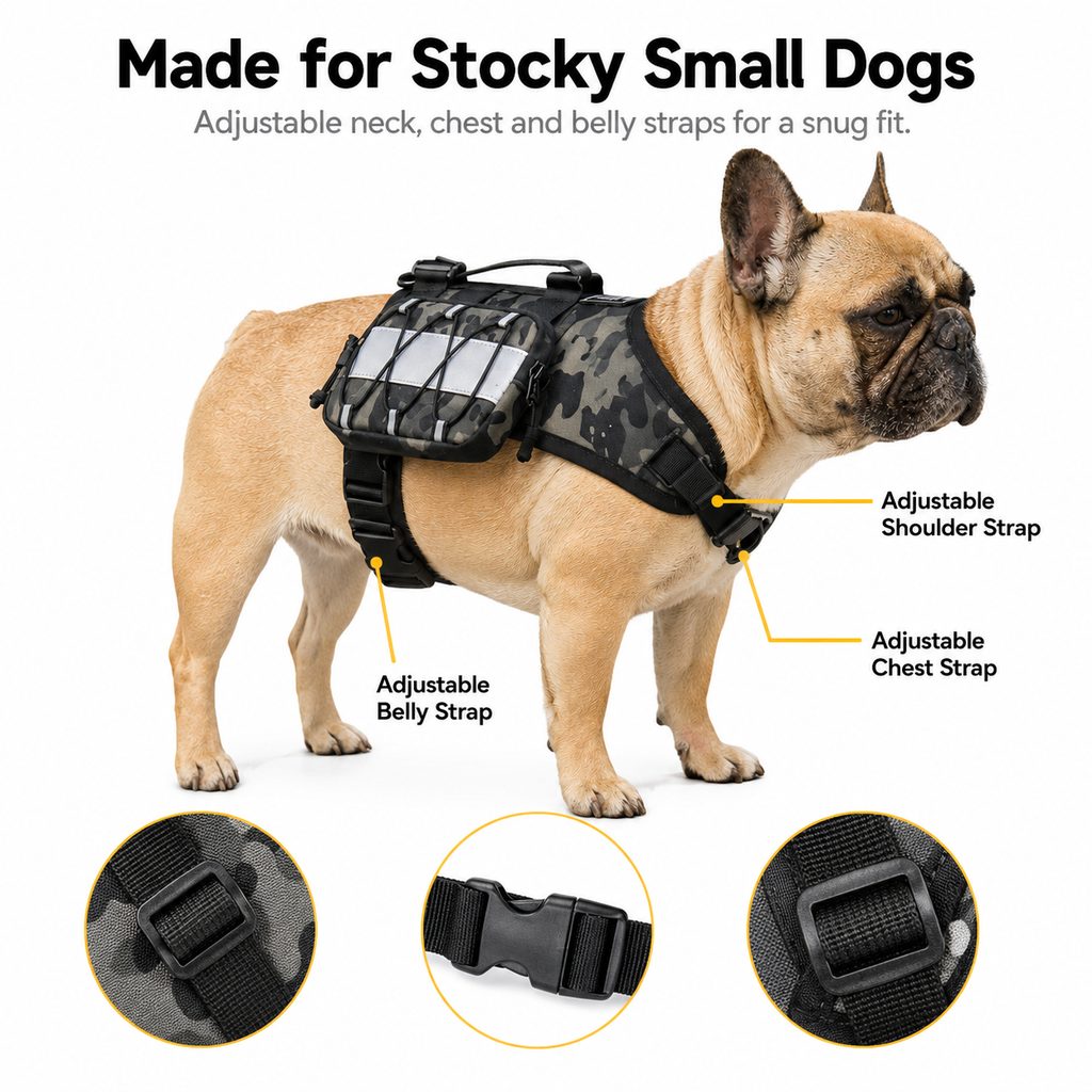 Paws in Awe Frenchie Tactical Dog Vest Backpack for Daily Walks - Reflective Small Dog Harness with Water Bottle Holder & Side Pockets image 6