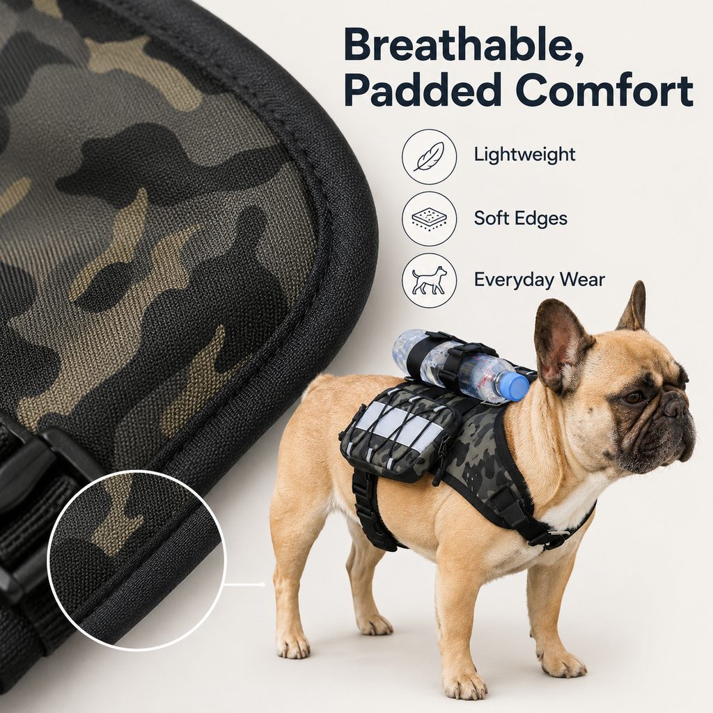 Paws in Awe Frenchie Tactical Dog Vest Backpack for Daily Walks - Reflective Small Dog Harness with Water Bottle Holder & Side Pockets image 7