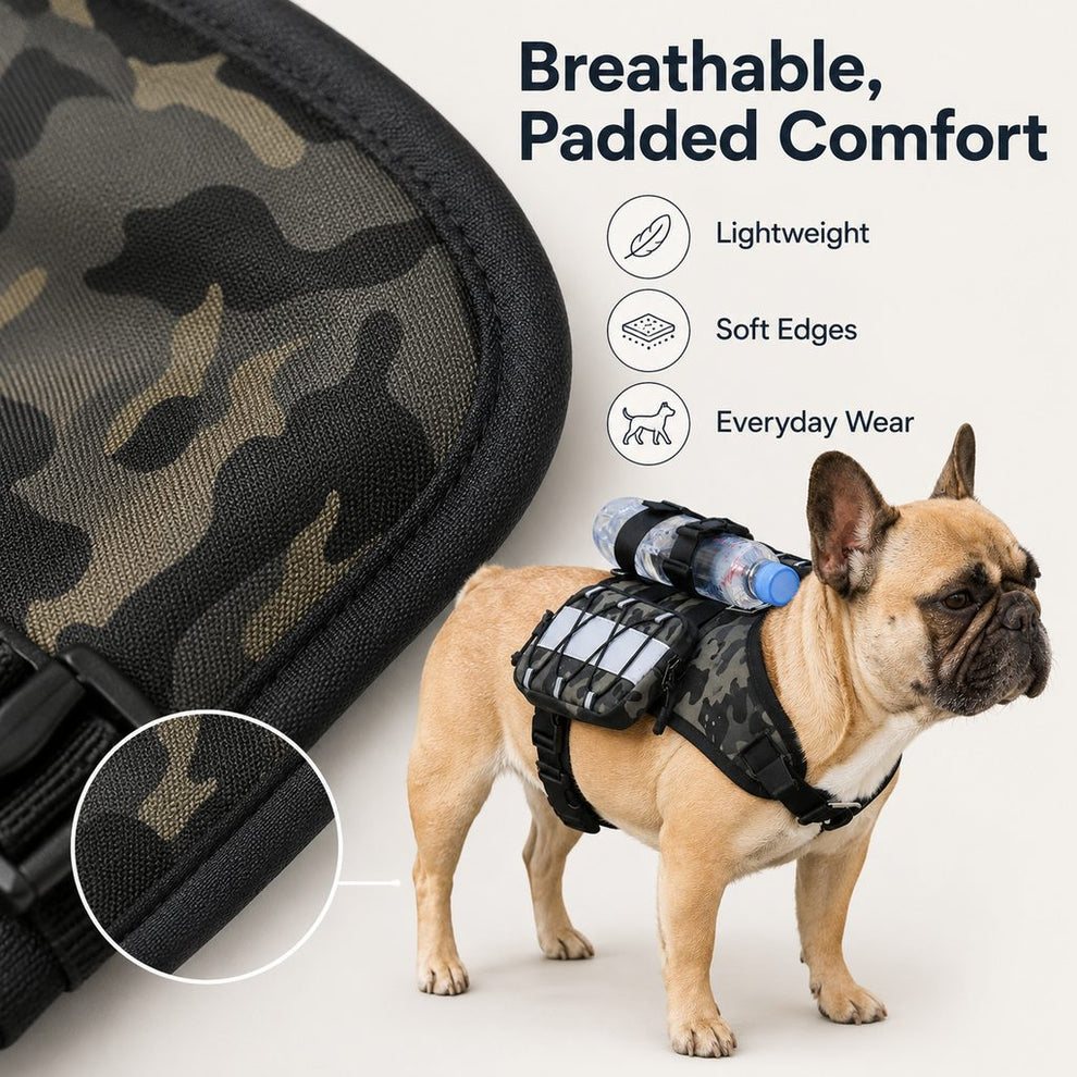 Paws in Awe Frenchie Tactical Dog Vest Backpack for Daily Walks - Reflective Small Dog Harness with Water Bottle Holder & Side Pockets image 7