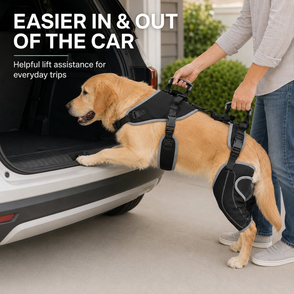Front and rear padded lift handles on dog mobility harness