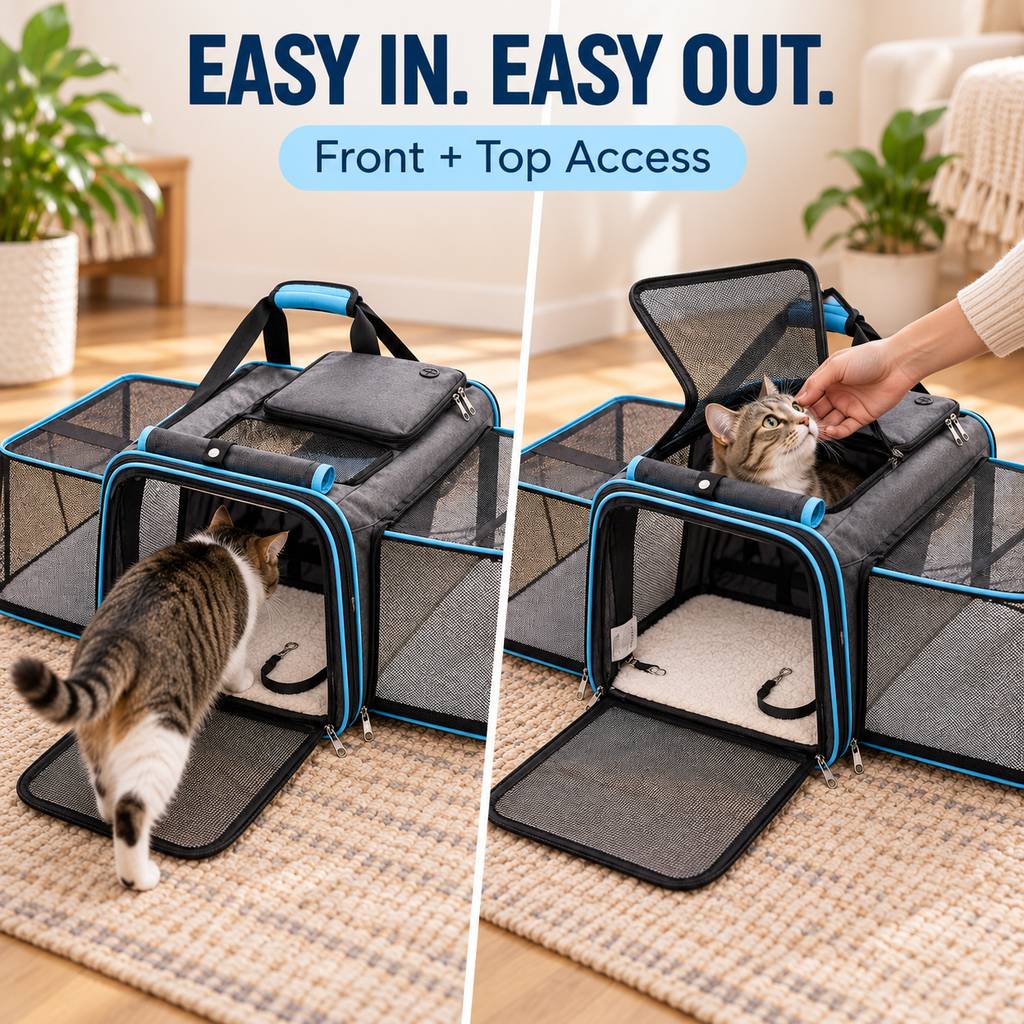 Front and top access on dual-sided expandable pet carrier