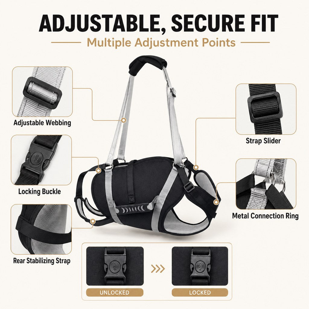 Adjustable secure fit details on full-body dog lift harness