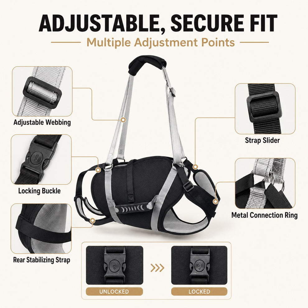 Adjustable secure fit details on full-body dog lift harness