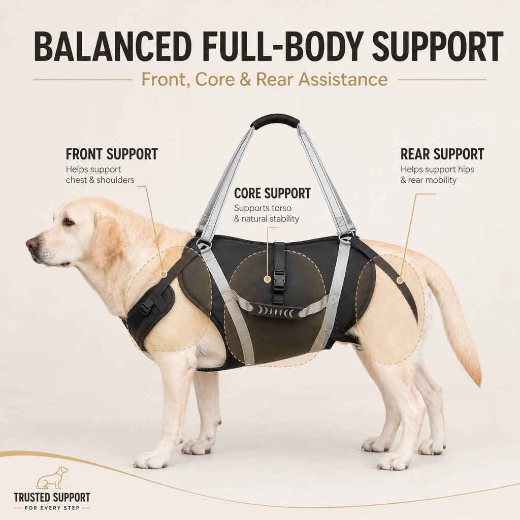 Balanced full-body dog support harness with front core and rear assistance