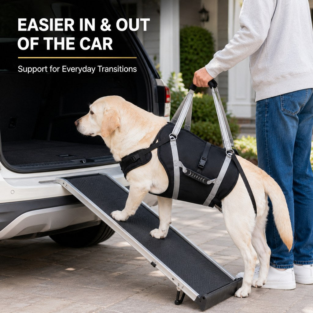 Large senior dog using full-body support harness for car entry