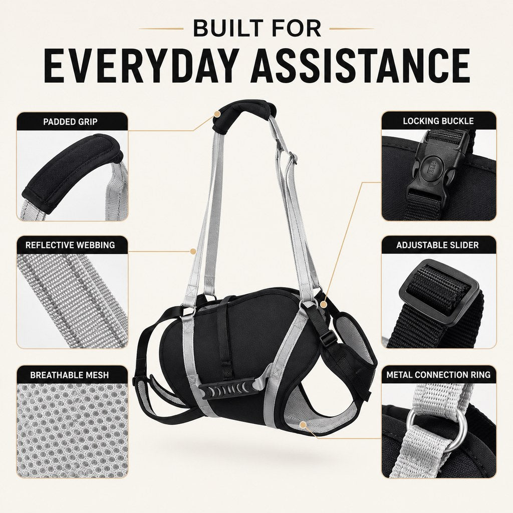 Full-body dog lift support harness detail collage with buckle straps and mesh