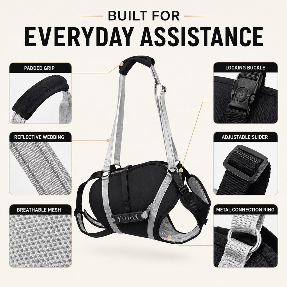 Full-body dog lift support harness detail collage with buckle straps and mesh