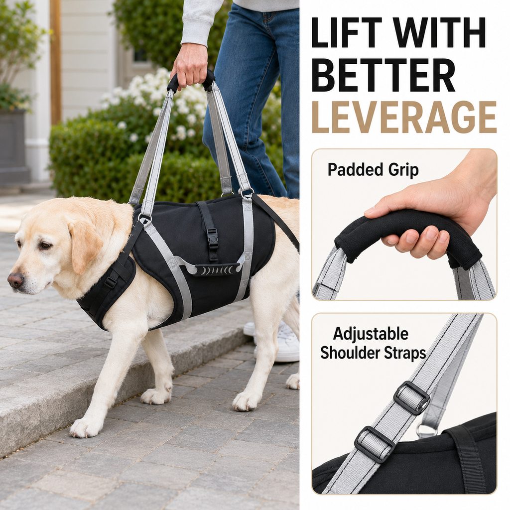 Padded hand grip and adjustable shoulder straps on dog lift harness