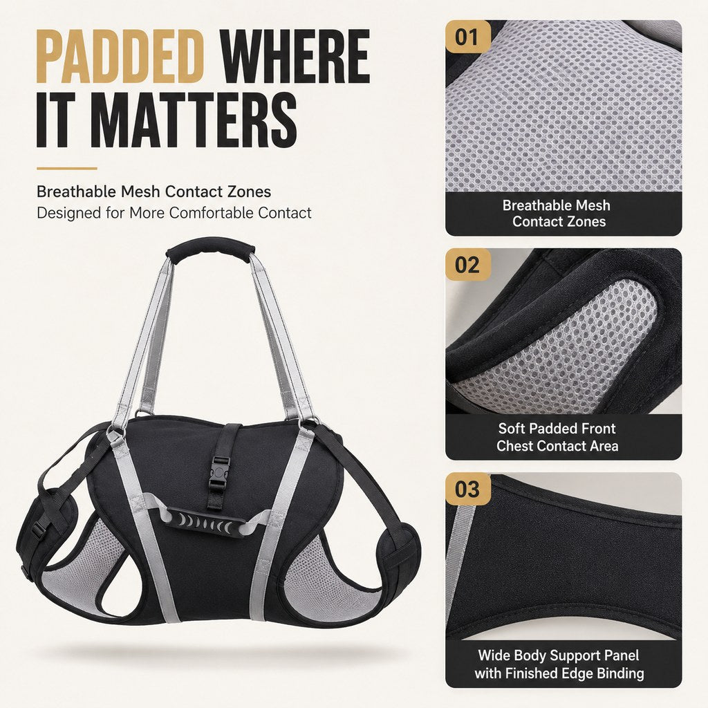 Padded breathable mesh contact zones on full-body dog support harness