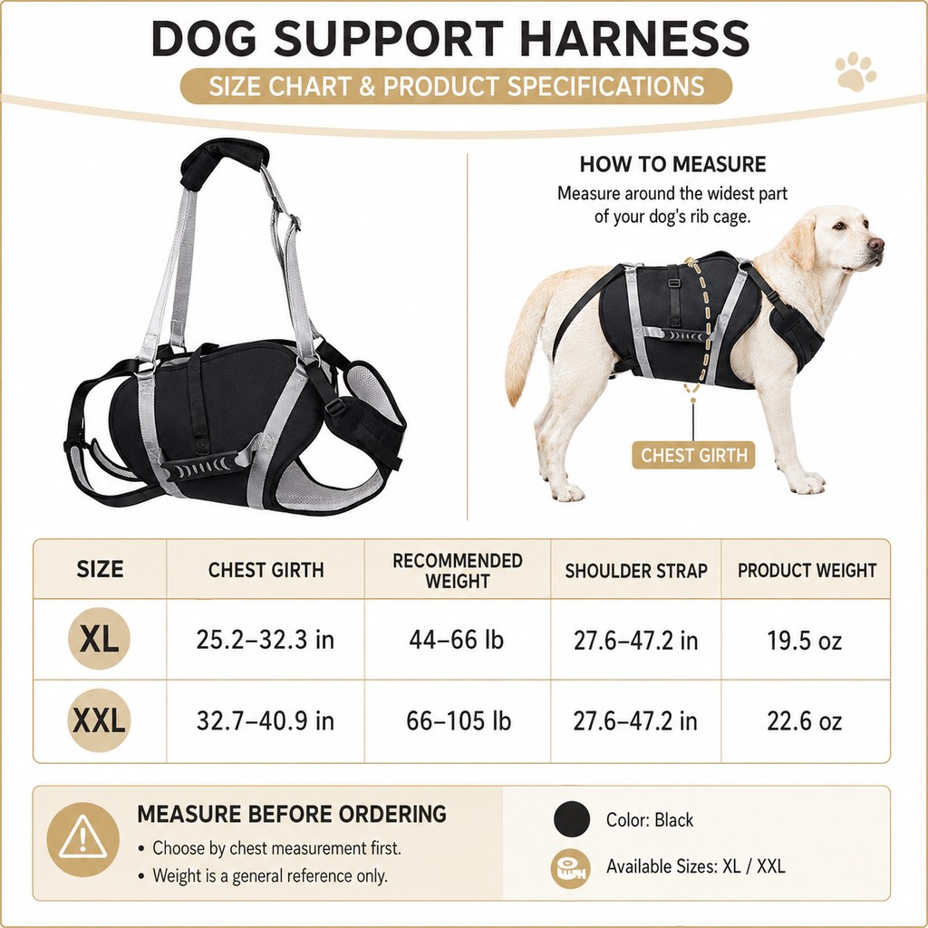 Full-body dog lift support harness size chart for XL and XXL