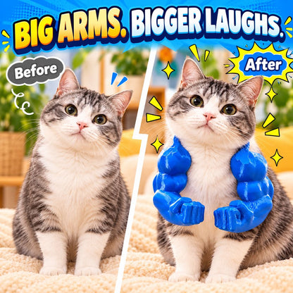 Before and after novelty photo prop effect with blue muscle arms