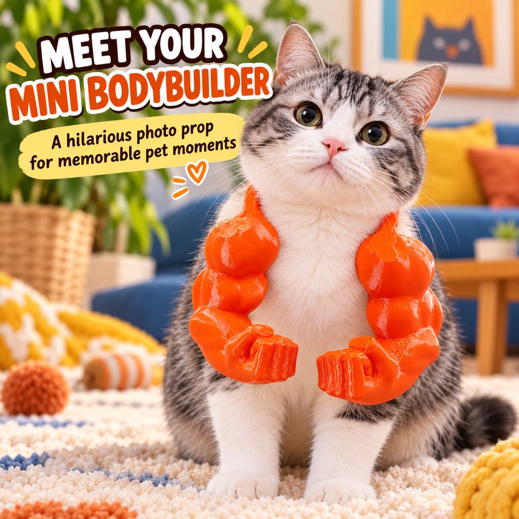 Cat wearing orange 3D-printed muscle arms as a novelty photo prop