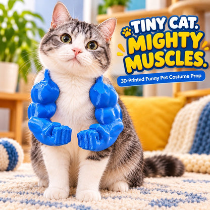 Cat wearing blue 3D-printed muscle arms