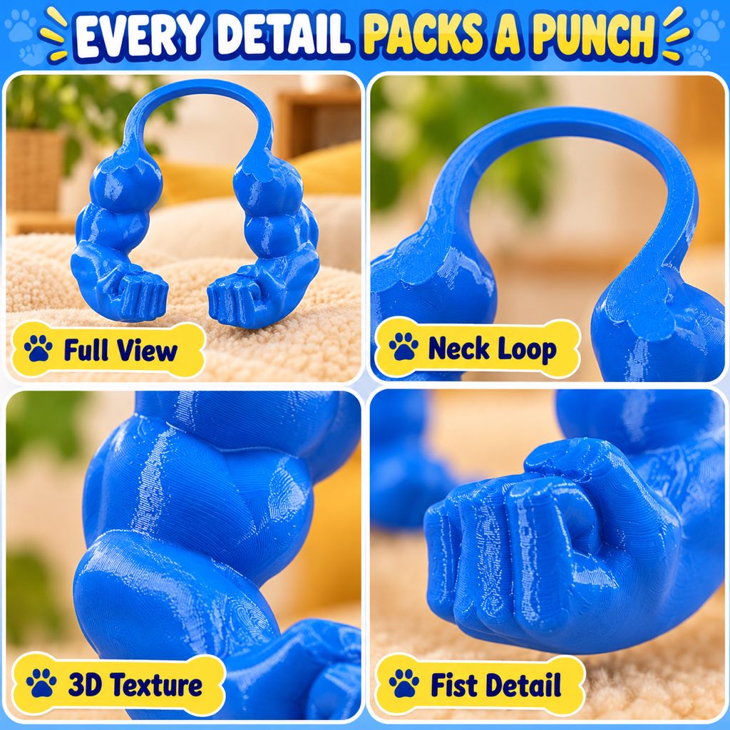 Blue muscle arms costume showing the neck loop and 3D-printed texture