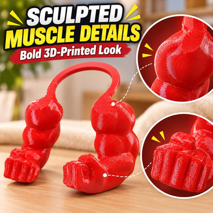 Sculpted red muscle arms and 3D-printed surface details