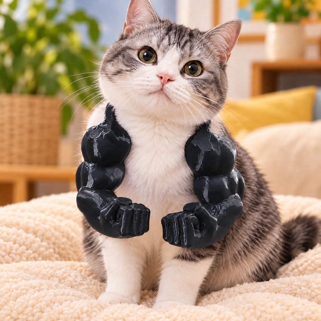 Black 3D-printed muscle arms cat costume