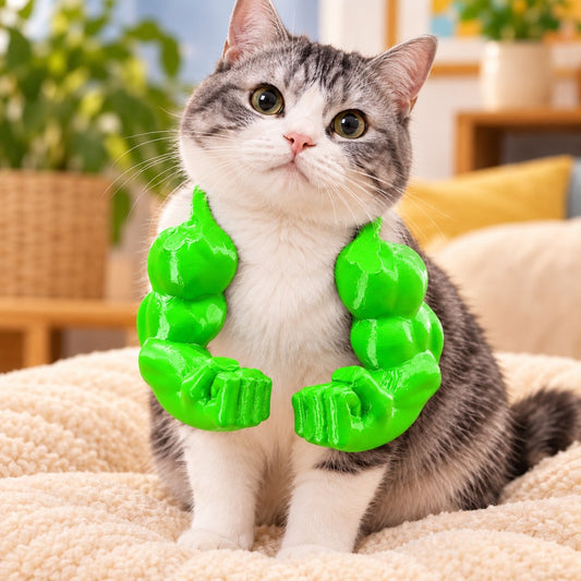 Green 3D-printed muscle arms cat costume