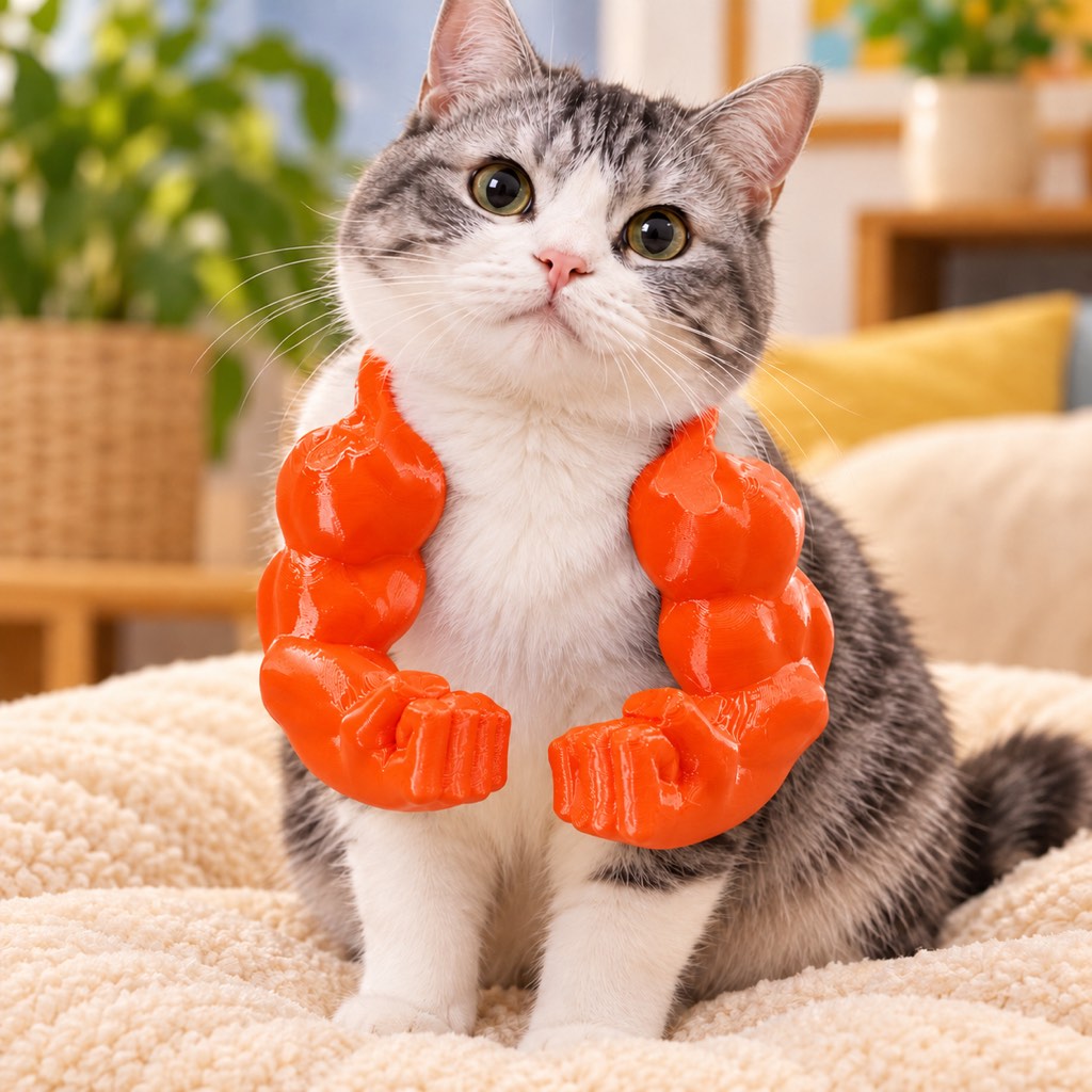 Orange 3D-printed muscle arms cat costume