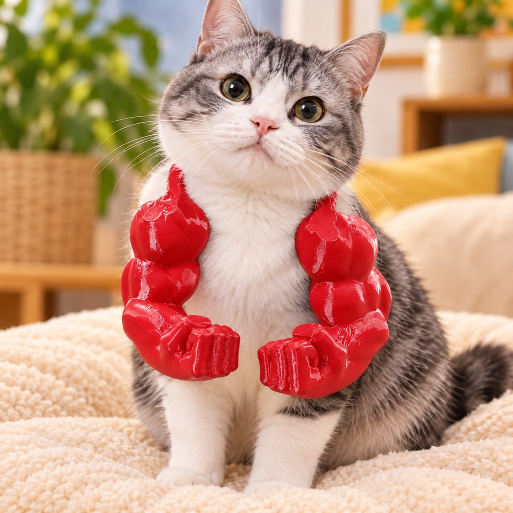 Red 3D-printed muscle arms cat costume