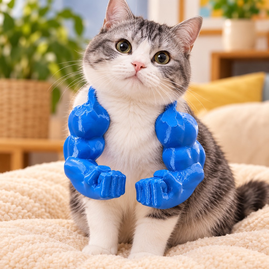 Sky blue 3D-printed muscle arms cat costume