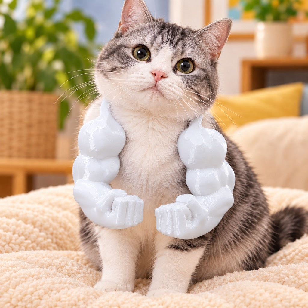White 3D-printed muscle arms cat costume