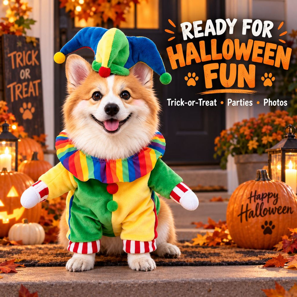 Funny clown dog costume for Halloween parties and pet photos